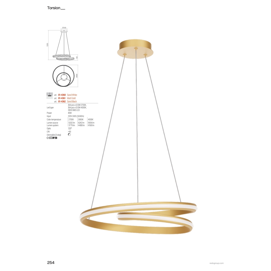 Redo 01-4361 - LED-підвісна люстра з регульованою яскравістю на тросі TORSION, 40 Вт, 230 В, 2700/3000/4000 К, CRI 90, діаметр 56 см, золота