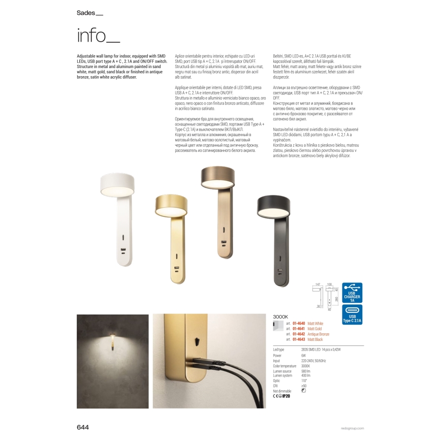 Redo 01-4641 - LED настінний світильник SADES LED/6W/230V CRI 90 USB золотий