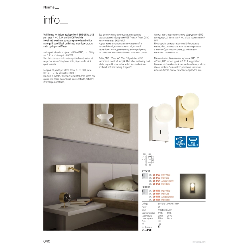 Redo 01-4661 - LED настінний світильник NORMA LED/5W/230V + LED/3W CRI 90 USB білий/золотий