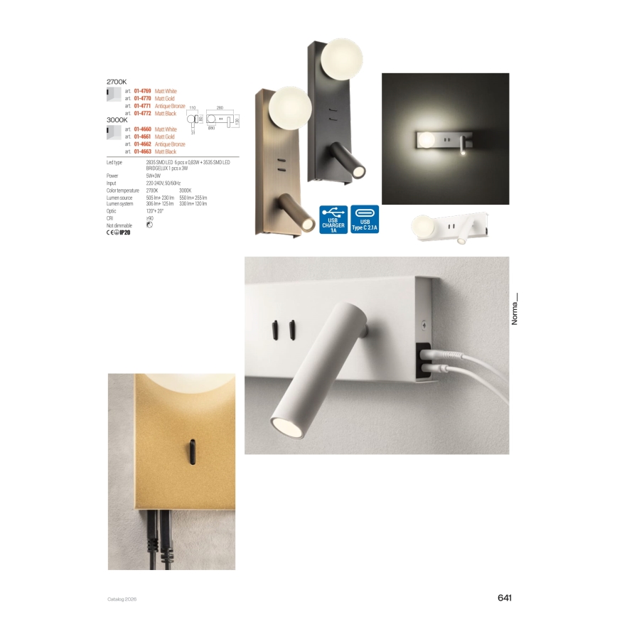 Redo 01-4663 - LED настінний світильник NORMA LED/5W/230V + LED/3W CRI 90 USB білий/чорний