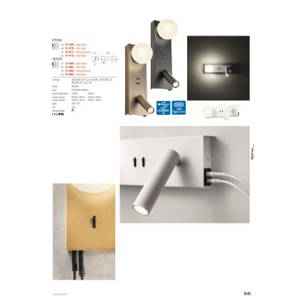 Redo 01-4663 - LED настінний світильник NORMA LED/5W/230V + LED/3W CRI 90 USB білий/чорний