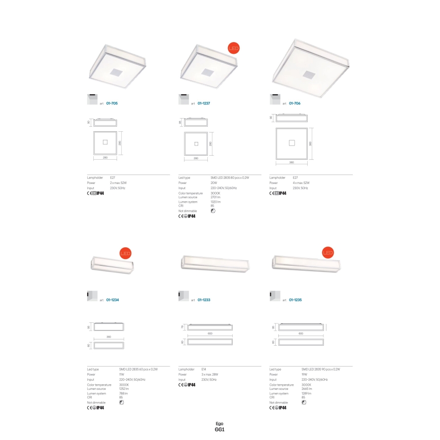Redo 01-704 - Потолочный светильник для ванной комнаты EGO 1xE27/52W/230V 18x18 см IP44