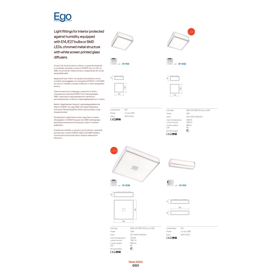 Redo 01-704 - Стельовий світильник для ванної кімнати EGO 1xE27/52W/230V 18x18 см IP44