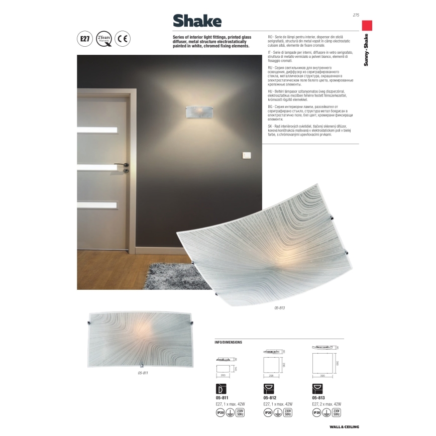 Redo 05-812 - Потолочный светильник SHAKE, 1xE27/42W/230V, 29,5x29,5 см, белый
