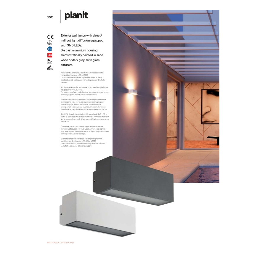 Redo 90095 - светодиодный наружный настенный светильник PLANIT, 10 Вт, 230 В, 3000 К, IP54, белый