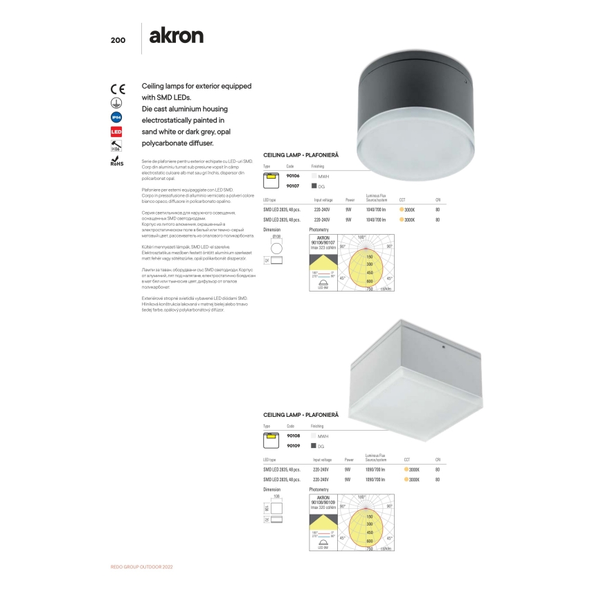 Redo 90107 - Вуличний світлодіодний стельовий світильник AKRON 1xLED/9W/230V діаметр 10,8 см IP54