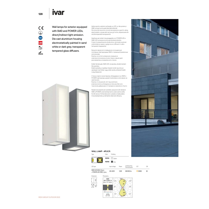 Redo 90114 - Вуличний світлодіодний настінний світильник IVAR LED/7,6W/230V IP54 антрацит
