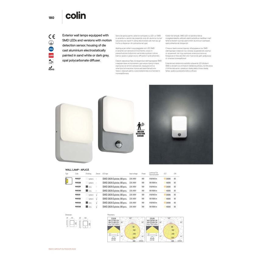 Redo 90133 - Уличный светодиодный настенный светильник с датчиком COLIN 1xLED/9W/230V IP54