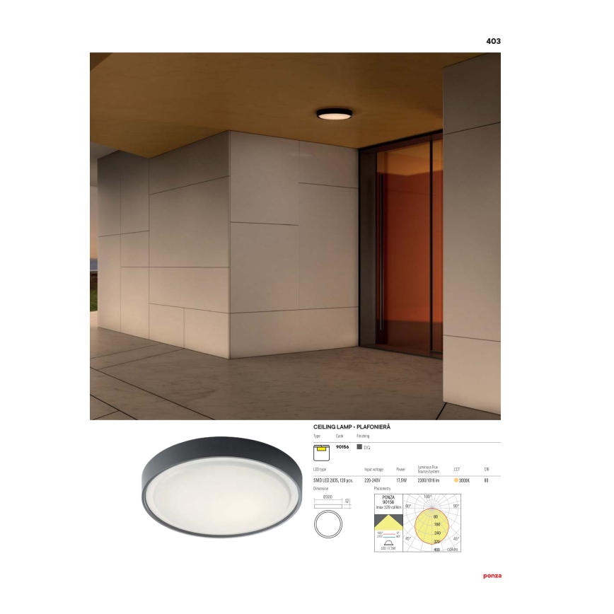 Redo 90155 - Светодиодный уличный потолочный светильник PONZA LED/16W/230V диаметр 26 см IP65