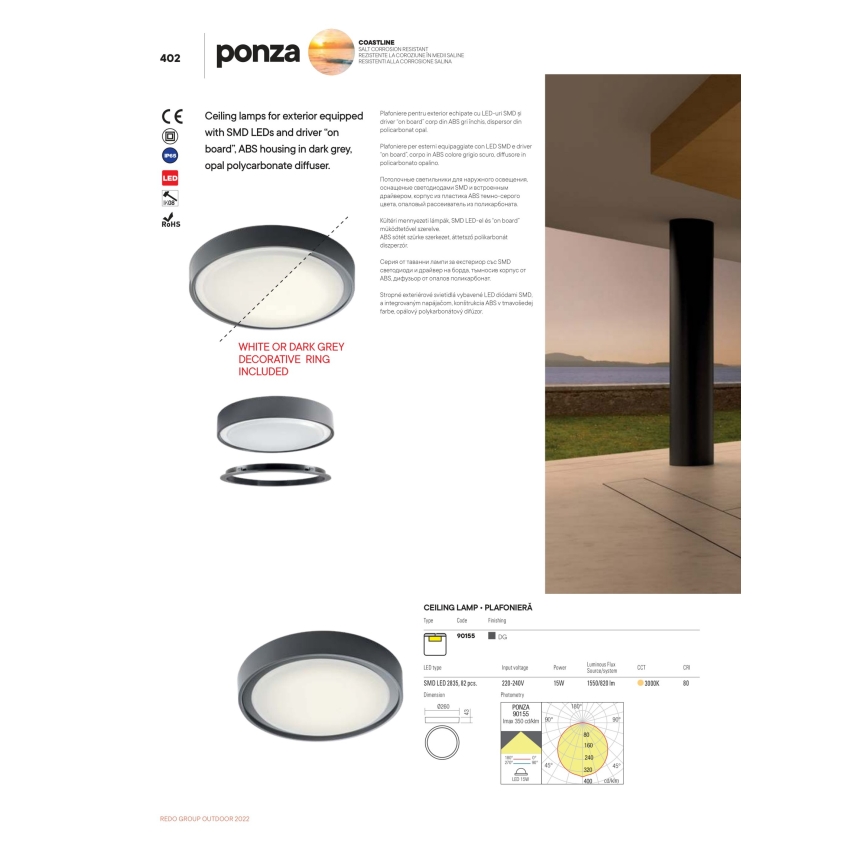 Redo 90155 - Светодиодный уличный потолочный светильник PONZA LED/16W/230V диаметр 26 см IP65