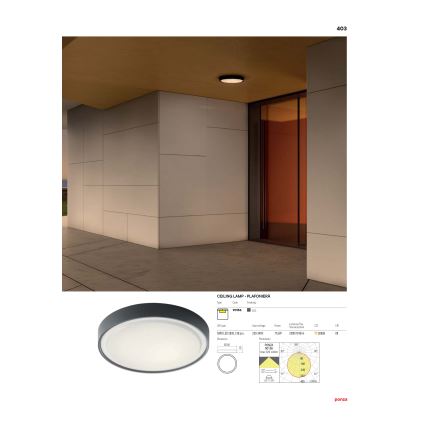 Redo 90155 - Вуличний світлодіодний стельовий світильник PONZA LED/16W/230V діаметр 26 см IP65