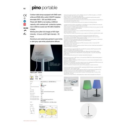 Redo 90166 - Вулична світлодіодна настільна RGB лампа з регулюванням яскравості PINO LED/2,6W/230V 4400 mAh IP44