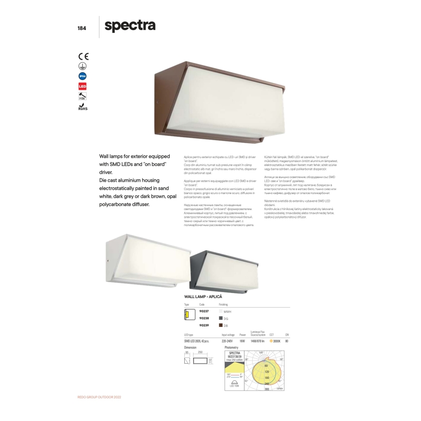 Redo 90238 - Вуличний світлодіодний настінний світильник SPECTRA LED/16W/230V 3000K IP54 сірий