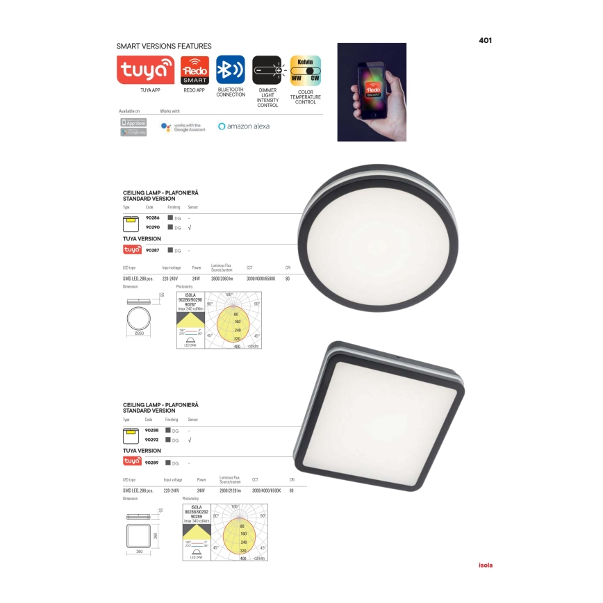 Redo 90286 - Светодиодный уличный потолочный светильник ISOLA LED/24W/230V диаметр 26 см 3000/4000/6500K IP54 антрацит