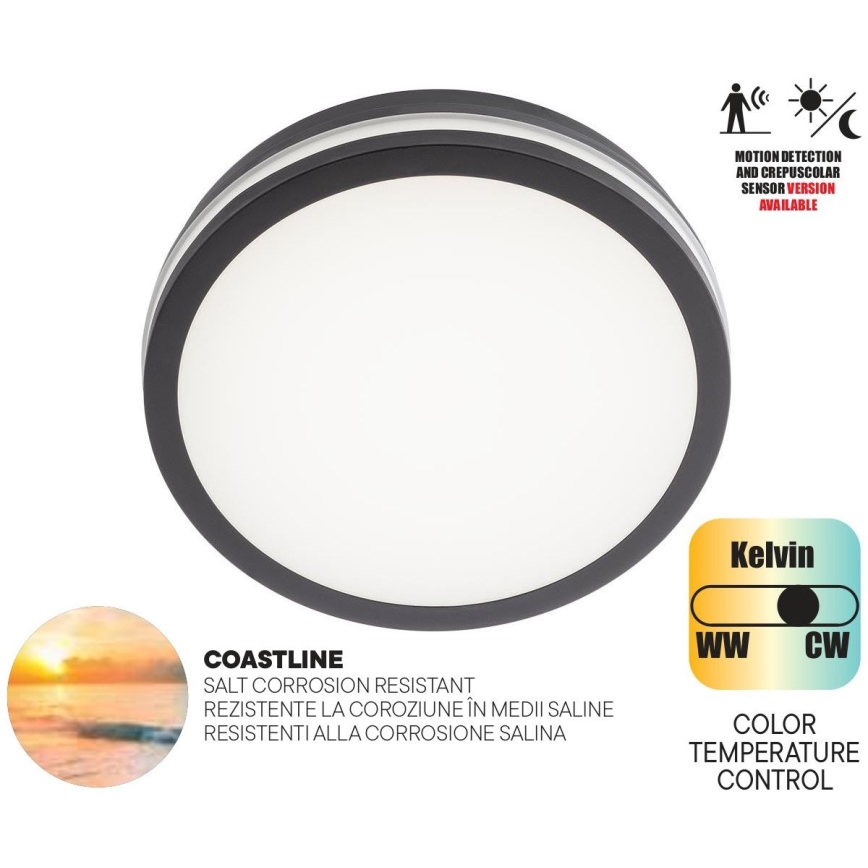 Redo 90290 - Светодиодный уличный потолочный светильник с датчиком ISOLA LED/24W/230V диаметр 26 см 3000/4000/6500K IP54 антрацит