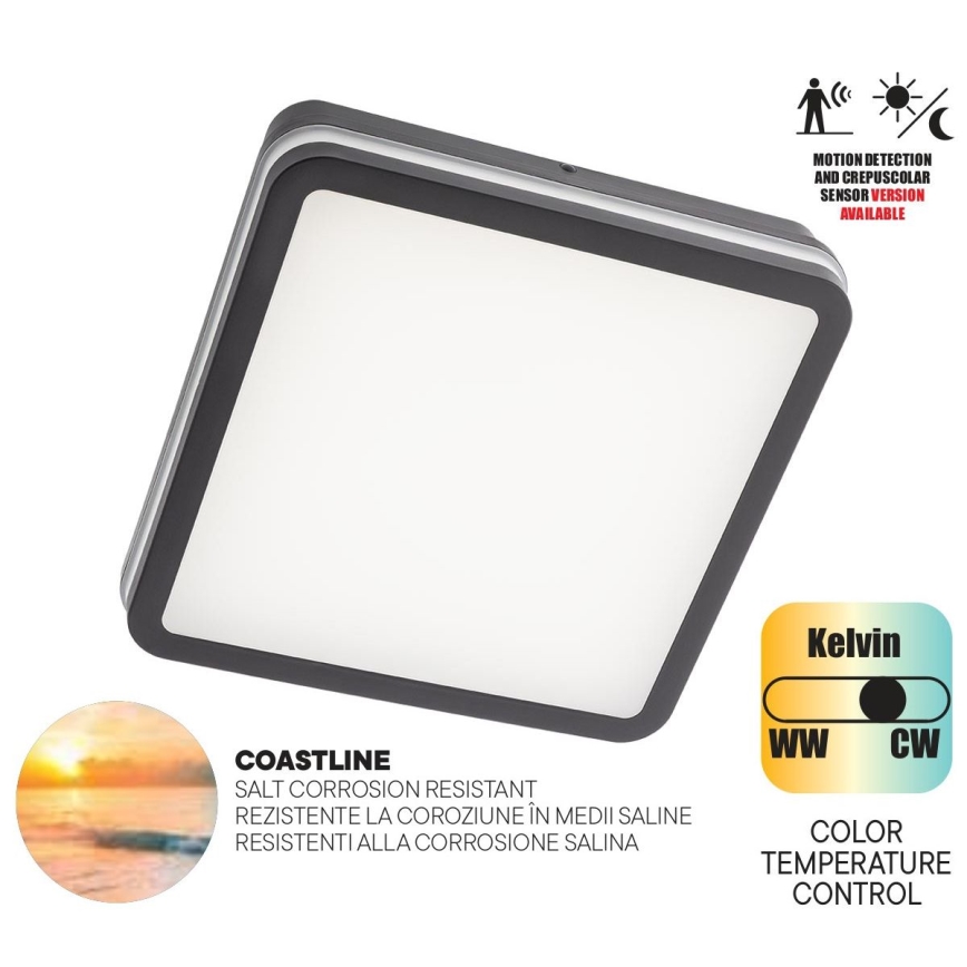 Redo 90292 - Вуличний світлодіодний стельовий світильник з датчиком ISOLA LED/24W/230V 26x26 см 3000/4000/6500K IP54 антрацит