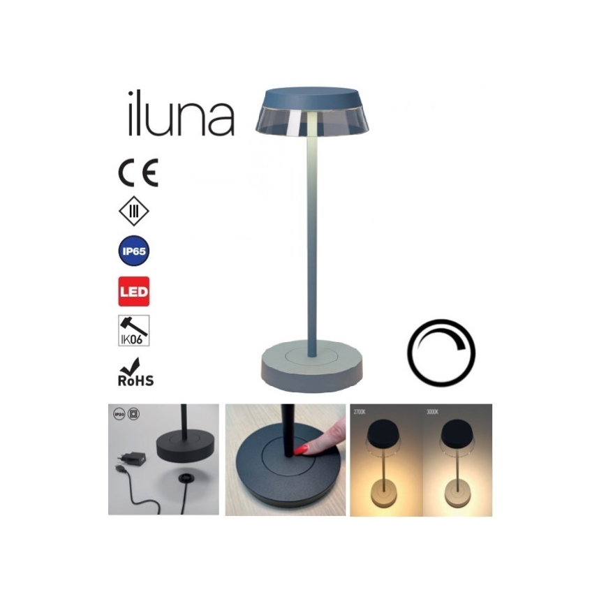 Redo 90310 - Сенсорна настільна LED лампа з регулюванням яскравості ILUNA LED/2,5W/5V 2700-3000K 3000 mAh IP65 синій