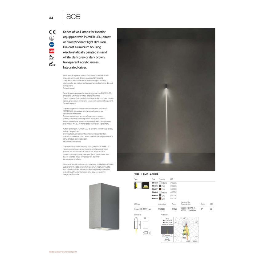 Redo 90413 - Вуличний світлодіодний настінний світильник ACE LED/3,36W/230V 3000K IP54 білий