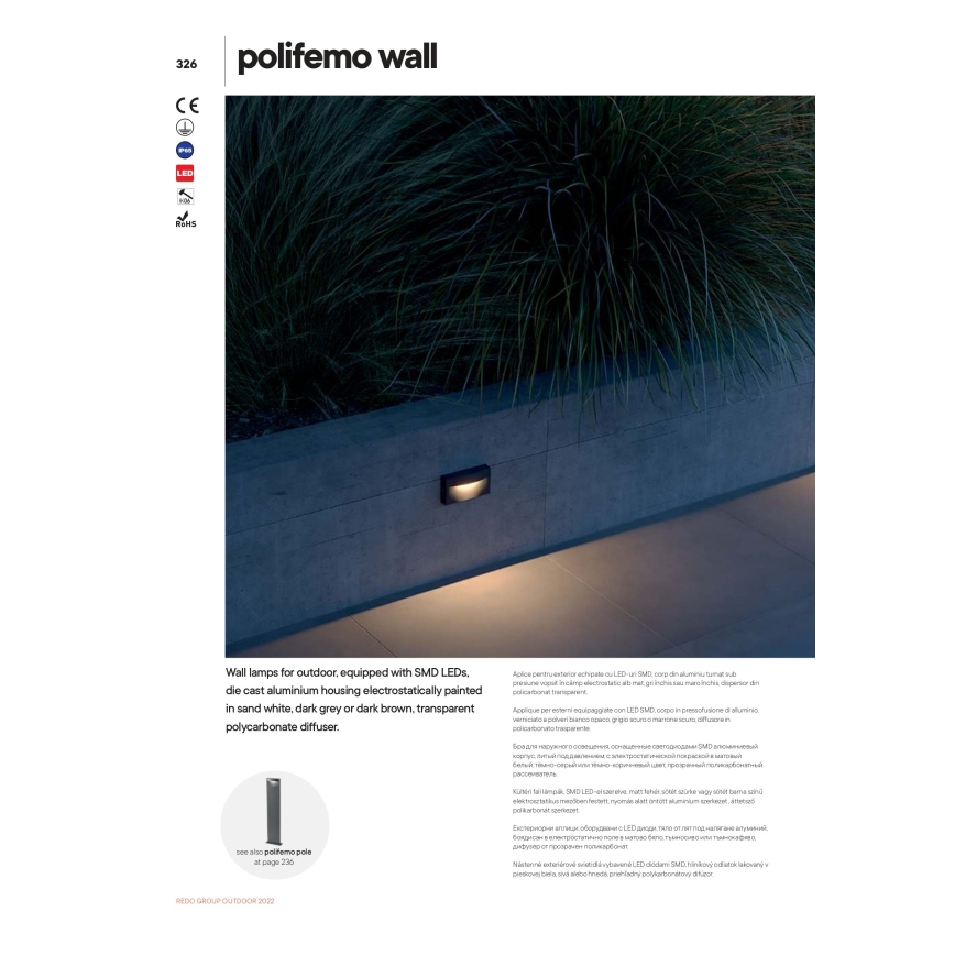Redo 90426 - Вуличний світлодіодний настінний світильник POLIFEMO LED/8W/230V IP65 антрацит