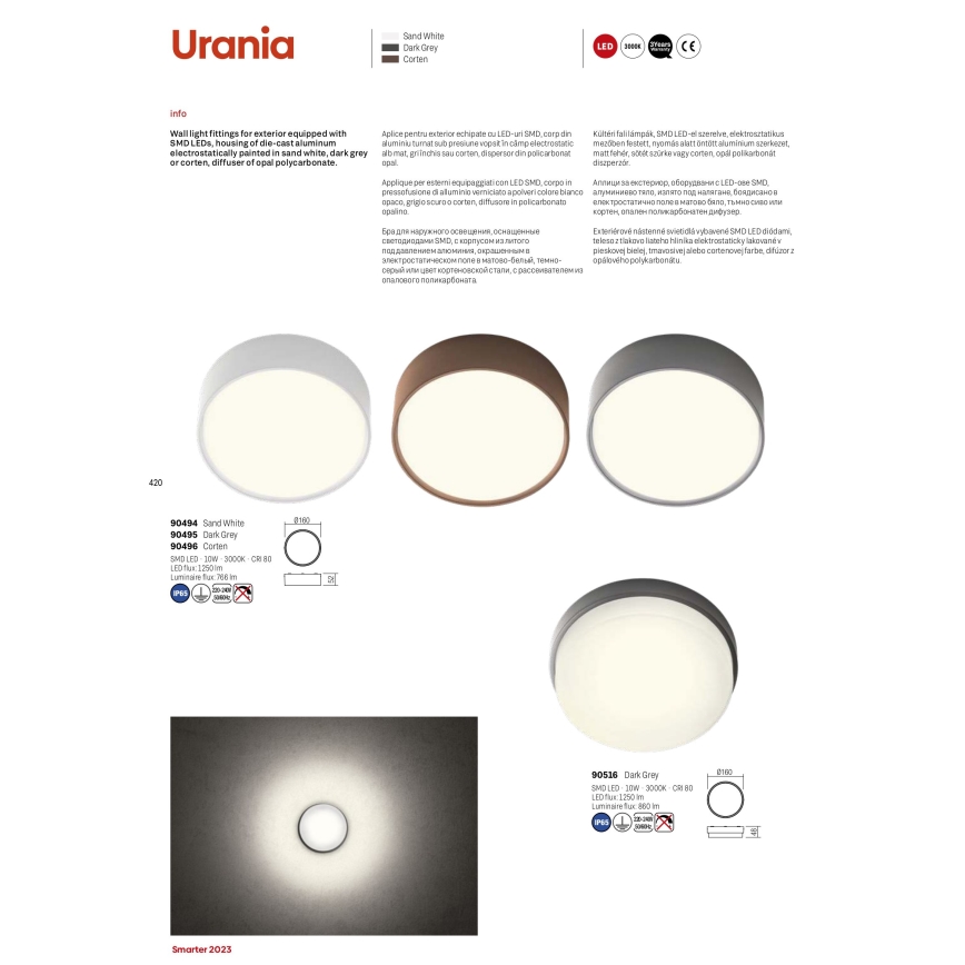 Redo 90495 - Светодиодный уличный потолочный светильник URANIA LED/10W/230V диаметр 16 см 3000K IP65 антрацит