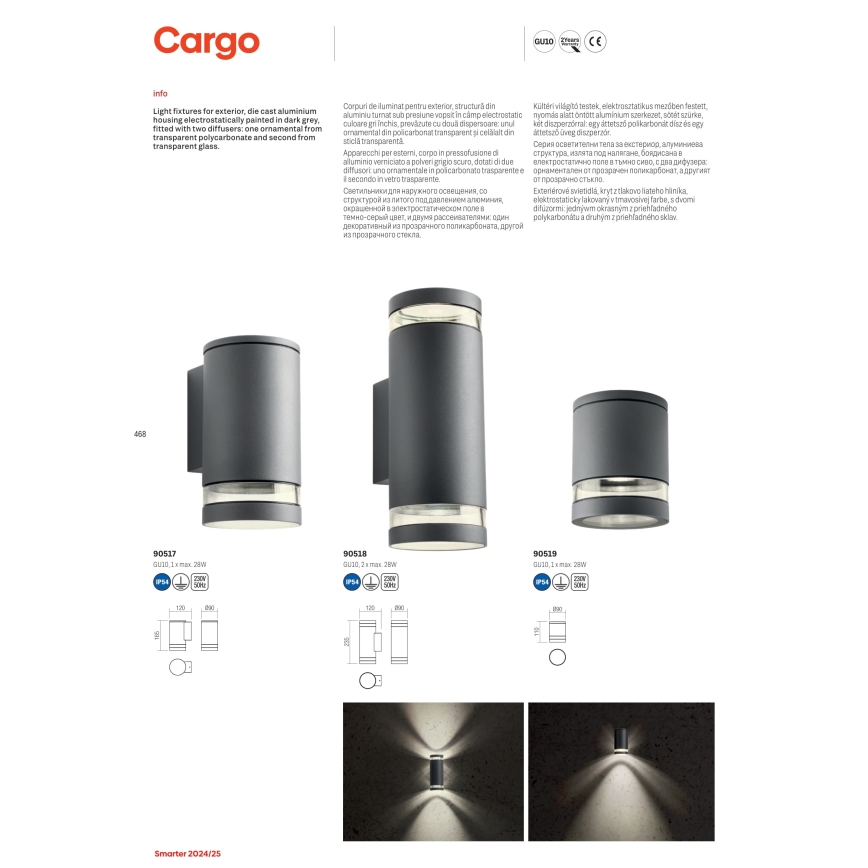 Redo 90518 - Вуличний настінний світильник CARGO 2xGU10/28W/230V IP54 антрацит