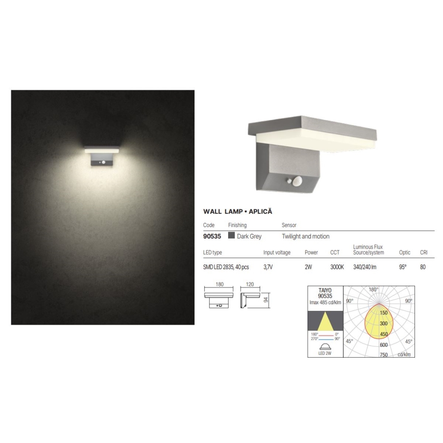 Redo 90535 - Светодиодный настенный светильник на солнечной батарее с датчиком TAIYO LED/2W/3,7V 3000K IP54 антрацит