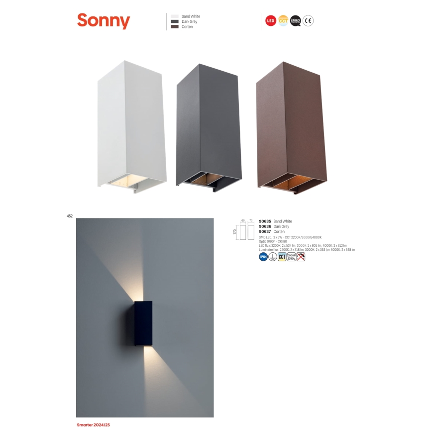Redo 90635 - Вуличний світлодіодний настінний світильник SONNY 2xLED/5W/230V 2200/3000/4000K IP54 білий