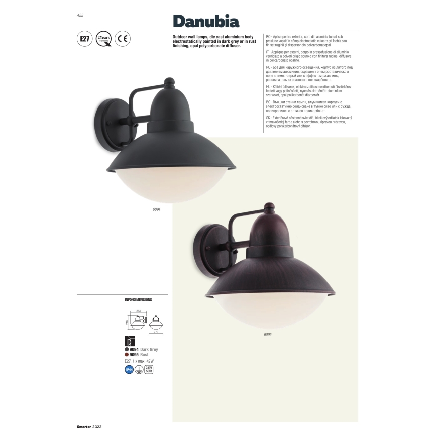 Redo 9095 - Зовнішній настінний світильник DANUBIA 1xE27/42W/230V IP44