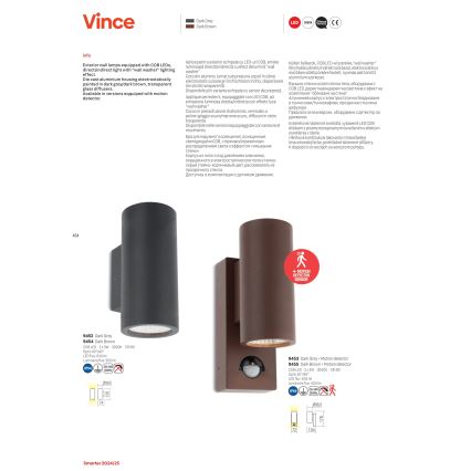 Redo 9455 - LED Вуличний настінний світильник з датчиком VINCE 2xLED/3W/230V IP54 коричневий