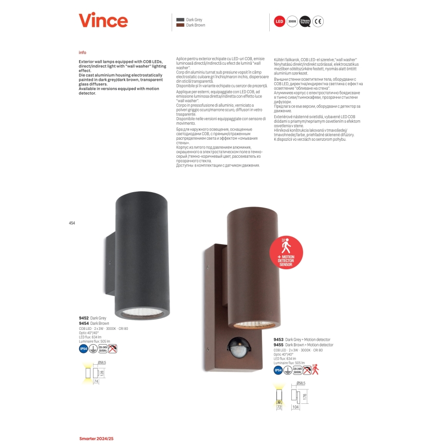 Redo 9455 - LED Вуличний настінний світильник з датчиком VINCE 2xLED/3W/230V IP54 коричневий