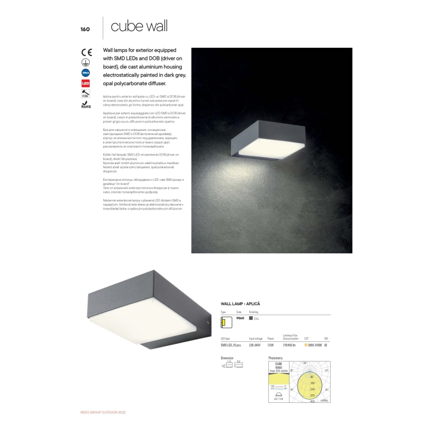 Redo 9560 - Вуличний світлодіодний настінний світильник CUBE LED/7W/230V 3000K IP54 антрацит