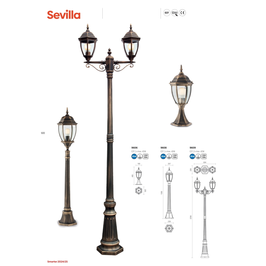 Redo 9608 - Уличная лампа SEVILLA 1xE27/42W/230V IP44 золотистый/патина