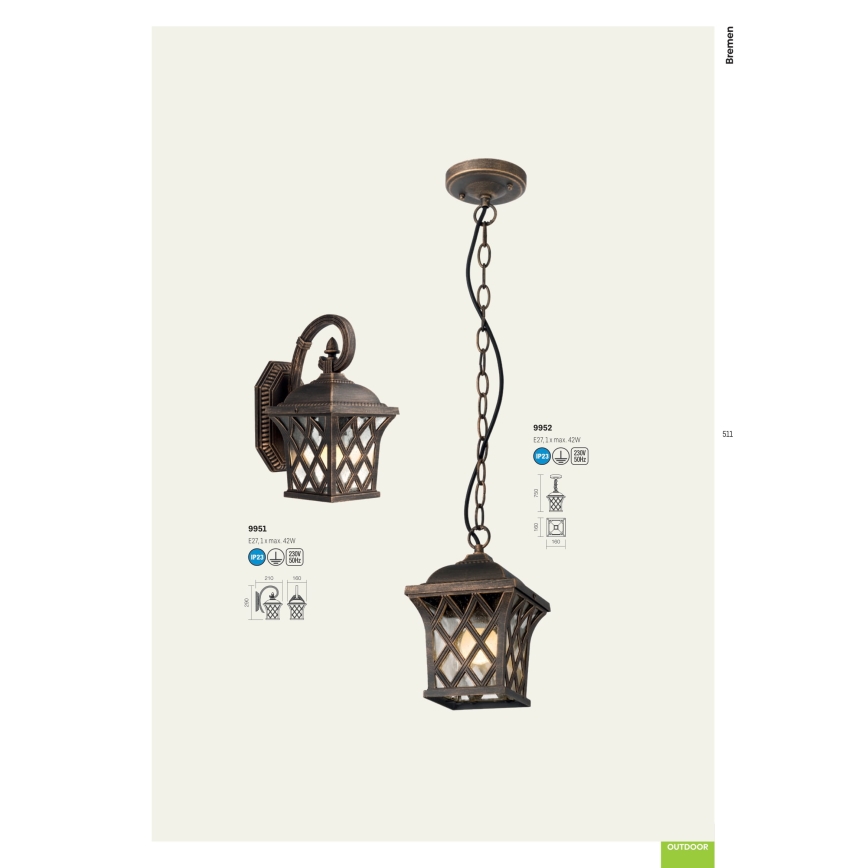 Redo 9952 - Вулична люстра на ланцюгу BREMEN 1xE27/42W/230V IP23 золотий/патина