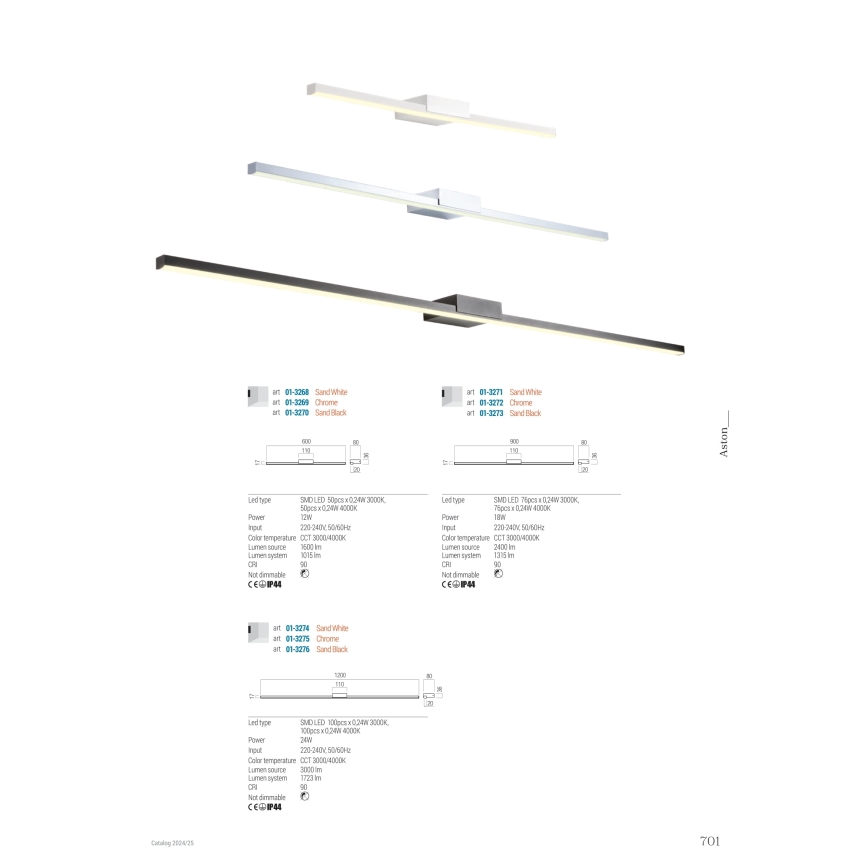 Redo01-3270 - Светодиодная подсветка для зеркала в ванной комнате ASTON LED/12W/230V 60 см CRI 90 IP44 черный