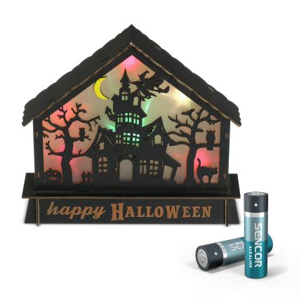LED Прикраса HALLOWEEN LED/2xAA/кольоровий будинок з привидами