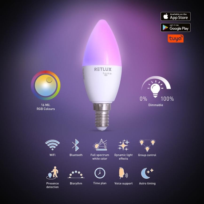 Світлодіодна RGBW димована лампа C37 E14/4,5W/230V 2700-6500K Wi-Fi Tuya