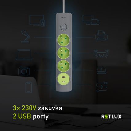 Retlux - Подовжувач із вимикачем, 3 розетки (тип E) + 1xUSB-A + 1xUSB-C, 1,4 м, сірий