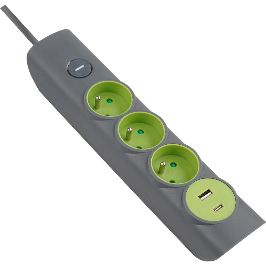 Retlux - Подовжувач із вимикачем, 3 розетки (тип E) + 1xUSB-A + 1xUSB-C, 1,4 м, сірий