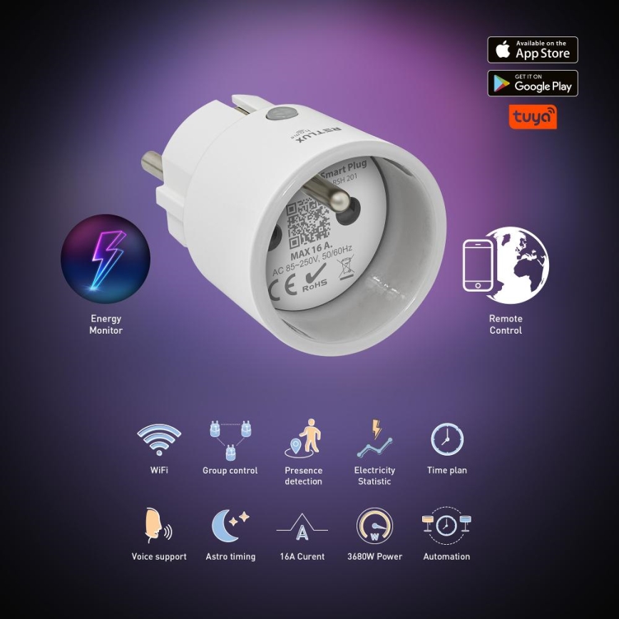 Розумна розетка 3680W/230V/Тип E/16A Wi-Fi Tuya