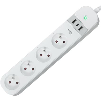 Розумний подовжуючий кабель з вимикачем 4 розетки Тип E + 2x USB-A + 1x USB-C 1,5м Wi-Fi Tuya білий