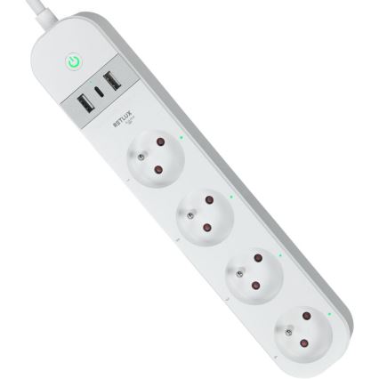 Розумний подовжуючий кабель з вимикачем 4 розетки Тип E + 2x USB-A + 1x USB-C 1,5м Wi-Fi Tuya білий