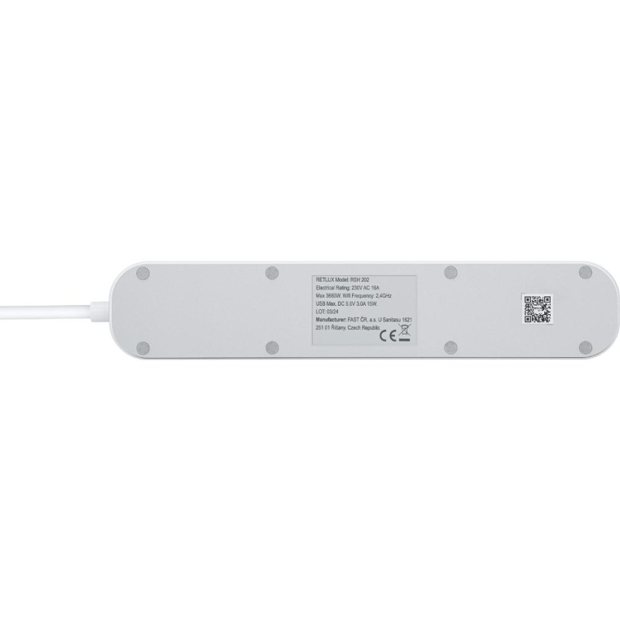 Розумний подовжуючий кабель з вимикачем 4 розетки Тип E + 2x USB-A + 1x USB-C 1,5м Wi-Fi Tuya білий