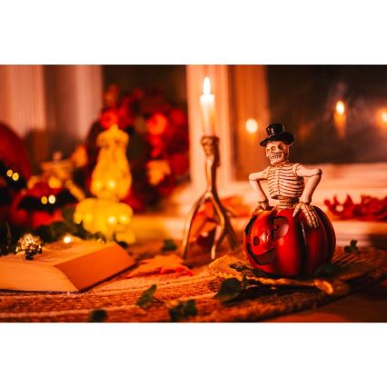 Светодиодное украшение HALLOWEEN LED/2xLR44/теплый белый скелет с тыквой каучук