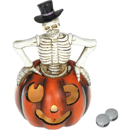 Светодиодное украшение HALLOWEEN LED/2xLR44/теплый белый скелет с тыквой каучук