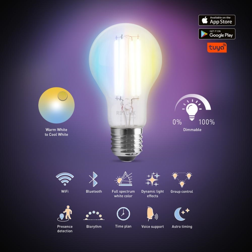 Світлодіодна лампочка з регулюванням яскравості FILAMENT A60 E27/7W/230V 2700-6500K Wi-Fi Tuya