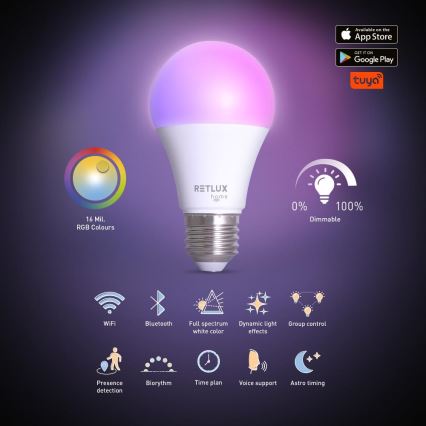 Світлодіодна RGBW лампочка з регулюванням яскравості A60 E27/9W/230V 2700-6500K Wi-Fi Tuya