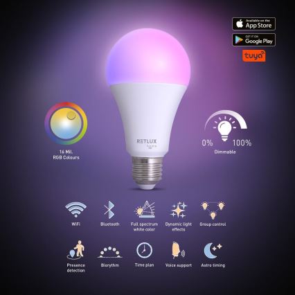 Світлодіодна RGBW лампочка з регулюванням яскравості A70 E27/14W/230V 2700-6500K Wi-Fi Tuya
