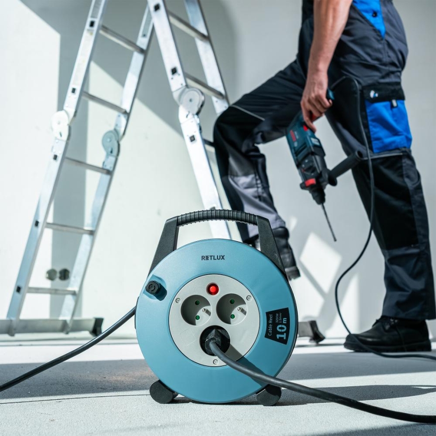 Retlux - Удлинитель на катушке, 3 розетки, тип E, 10 м, синий/чёрный