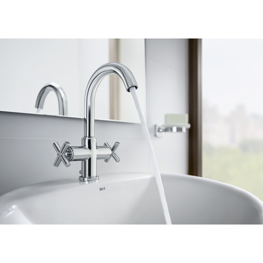 Roca A5A3043C00 - Змішувач для умивальника + відведення з перепадом LOFT 27 см глянцевий хром