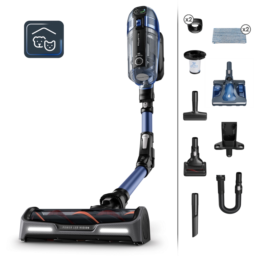 Rowenta - Пылесос-щетка с функцией мытья пола X-FORCE FLEX ANIMAL AQUA AUTO 3 в 1, 480 Вт/32,4 В, 2500 мАч, синий